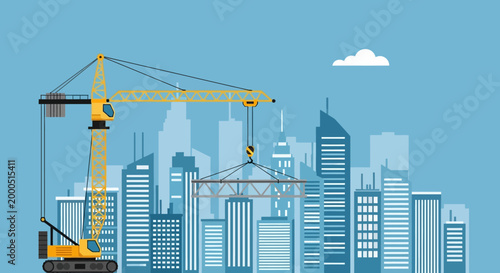 Construction crane lifting steel structure against modern city skyline background