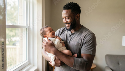 A heartwarming scene of a father cherishing his first moments with his newborn baby at home by the window.