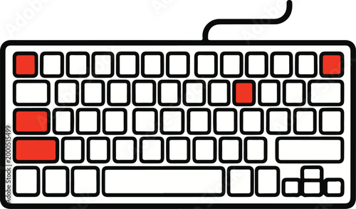 A top-down view of a minimalistic keyboard, with specific keys highlighted in vibrant red, ready to input data.