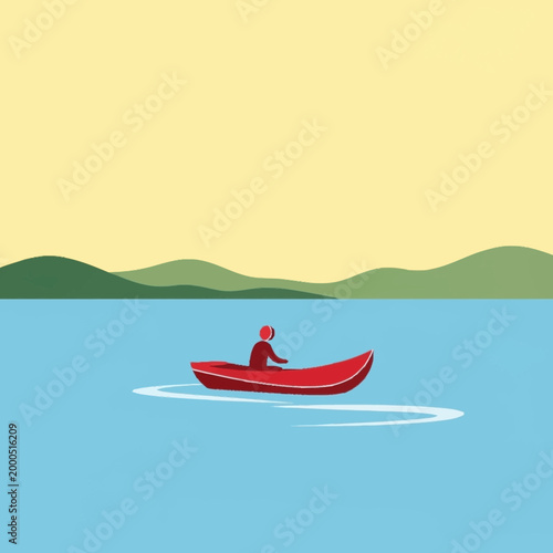 A solitary figure in a red canoe paddles across a calm blue lake with rolling green hills in the background.