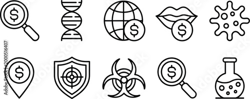 Biotechnology and Medical Research Icon Set with DNA, Virus, Biohazard, Lab Equipment, Global Health, and Science Innovation Symbols