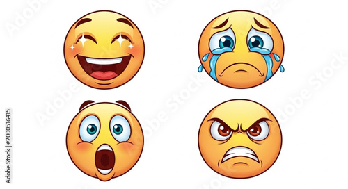 Four cartoon faces showing different emotions joy sadness surprise anger.