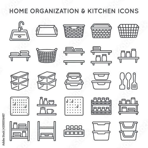 Kitchen Organization Storage Icons Set.