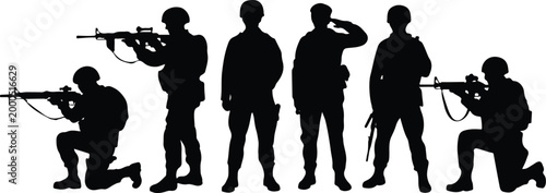 Fotografi Black Silhouette of Soldier Saluting on White Background Vector Illustration