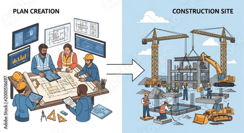 From Blueprint to Building Construction Process Illustration.