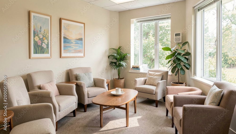 Fototapeta premium A cozy living room space featuring multiple chairs, a table, and large windows letting in natural light. The walls are adorned with framed artwork.