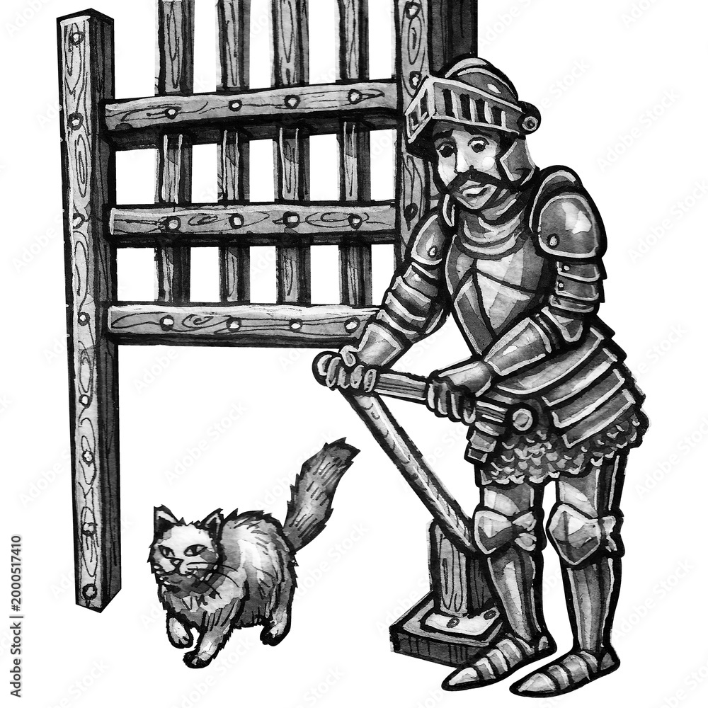 Obraz premium The Knight's Story. A funny, mustachioed knight lifts the gate to let a cat into the castle. Hand-drawn ink illustration