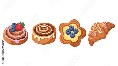 cartoon baked goods with icing and berries on white background