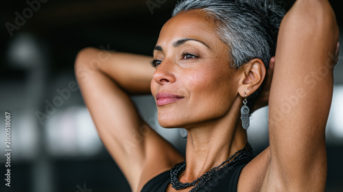 Mature woman with gray hair posing confidently in indoor setting  