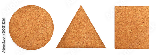 Cork bulletin board with wooden frame and realistic textures set, perfect for office memos, school notices, and pinboard shape vector illustration collection displays in brown natural tones.