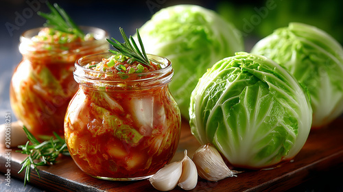 Fermented kimchi in jars with fresh cabbage and garlic on wooden board  