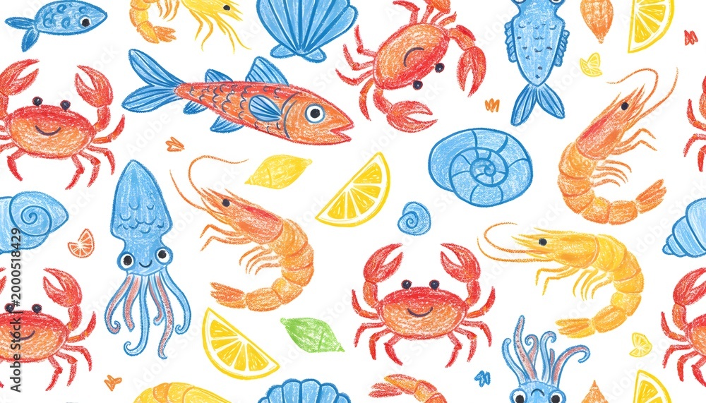 Obraz premium Seamless pattern of colorful cartoon sea creatures and lemon slices