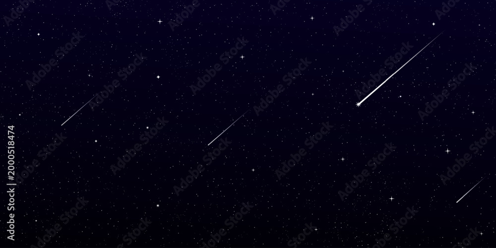 Fototapeta premium Starry night sky background with glowing stars and cosmic nebula vector illustration. Deep space universe scene with shimmering starlight and celestial bodies in dark blue gradient.