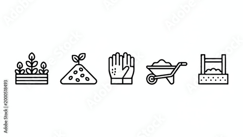 Foto gardening icons with plants soil glove wheelbarrow and rake on transparent backg