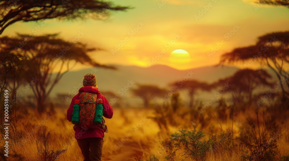 Fototapeta premium Rear view of a solo traveler with backpack walking through golden African savanna at sunrise, acacia trees silhouetted against warm sky and distant mountains