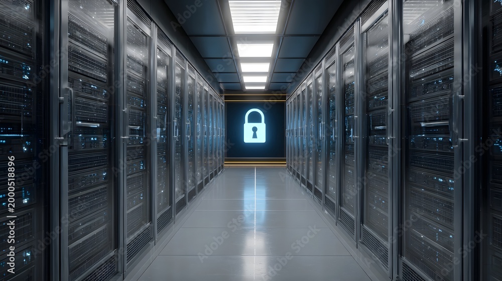 Fototapeta premium A long futuristic corridor lined with complex server racks that draw the eye toward a luminous blue lock symbolizing secure digital access
