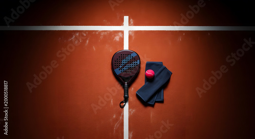 Padel tennis racket with a bright pink ball and dark blue wristbands resting on a professional orange court surface prepared for an intense match of competitive summer racket sports