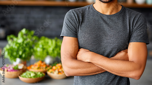 Man with crossed arms standing in kitchen among fresh vegetables  