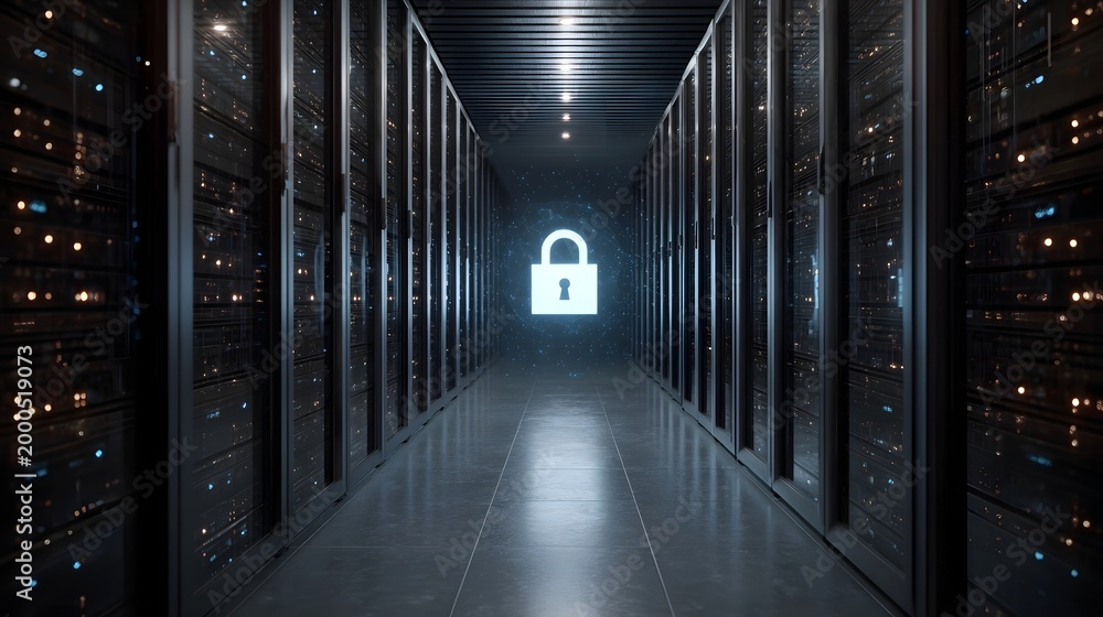 Naklejka premium A dramatic deep perspective inside a futuristic data center corridor emphasizing digital security and protected information