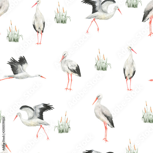 Obraz na plátne Seamless pattern of storks and reeds white