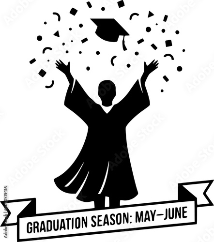 Black Vector Silhouette Graduate Cap Graduation Gown Celebration Achievement Success Education Diploma Flat
