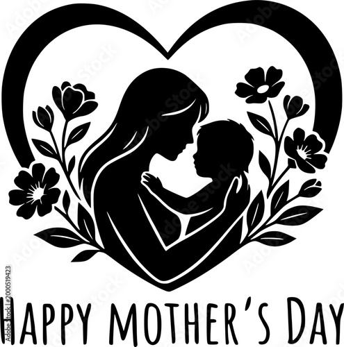 Black Vector Silhouette Mother Child Hug Mothers Day Love Family Flowers Heart Embrace Celebration Flat