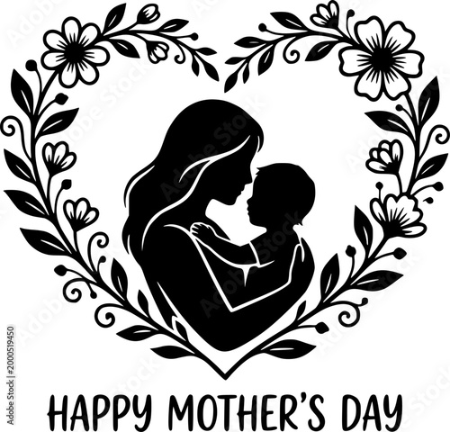 Black Vector Silhouette Mother Child Hug Mothers Day Love Family Flowers Heart Embrace Celebration Flat