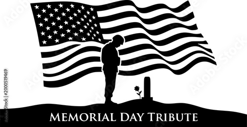 Black Vector Silhouette Soldier Memorial Day Grave Flag Tribute Honor Military Hero USA Patriotic Flat