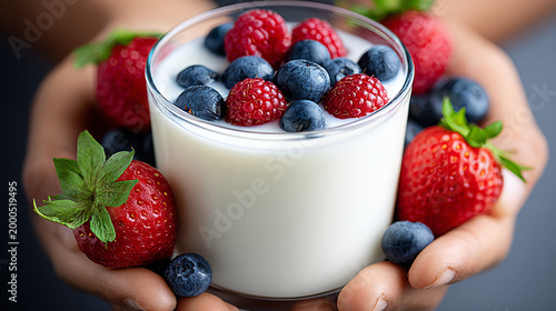 Fresh yogurt topped with blueberries and raspberries in hands  