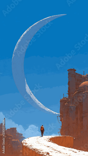 Surreal sci-fi landscape featuring a lone traveler with a backpack walking along a narrow, snowy ridge. The ridge curves upward dramatically, transforming into a massive crescent moon shape that