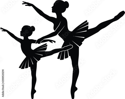 Elegant black silhouette illustration of a mother and daughter dancing ballet together wearing beautiful tutus in a graceful pose.