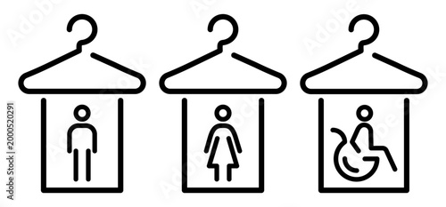 Male, female and disabled dressing room icons. Simple contour symbols representing public wardrobe, changing room and locker areas.