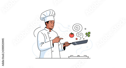 Smiling chef holding frying pan with vegetables and aromatic steam, friendly cooking character for restaurant marketing, recipe blogs, food packaging and kitchen branding projects