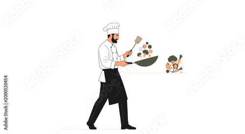 Professional chef tossing vegetables in air while cooking, dynamic culinary illustration for restaurant branding, kitchen promotions, food blogs and gourmet menu advertising projects