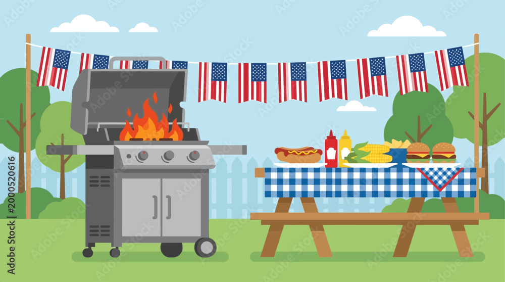 Obraz premium A cheerful flat design vector illustration featuring a barbecue grill with classic Fourth of July foods, symbolizing summer celebrations and family gatherings. 