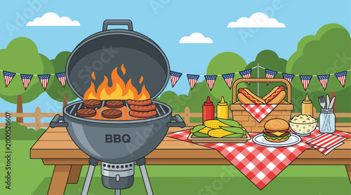 A cheerful flat design vector illustration featuring a barbecue grill with classic Fourth of July foods, symbolizing summer celebrations and family gatherings. 