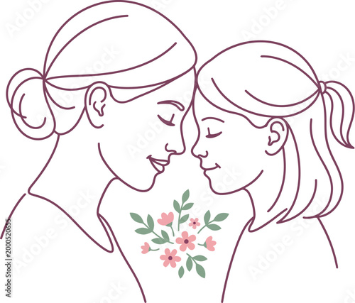 Minimalist line art illustration showing a mother and daughter touching foreheads with a small flower bouquet representing maternal love and family connection.