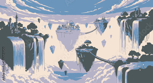 Frozen arctic mountain landscape illustration with icy cliffs, snowy peaks and floating islands in cold blue atmosphere, dramatic winter scene for climate projects, travel posters and fantasy backgrou