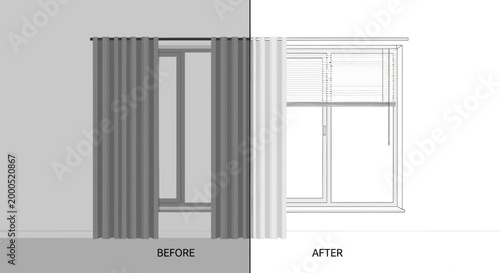 Window Treatment Before and After Comparison Illustrating Home Renovation and Interior Design Upgrade with Blinds and Curtains