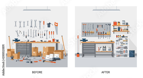 Garage Workshop Organization Before and After Vector Illustration. Messy and Neat Workspace Comparison with Tools, Workbench, and Storage Systems.
