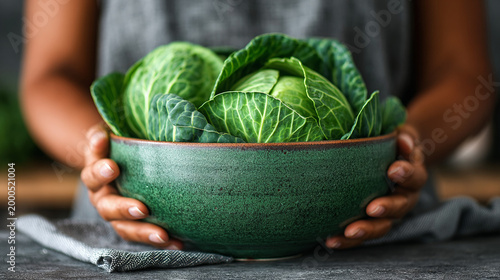 Woman holding bowl of fresh green cabbage in kitchen setting  