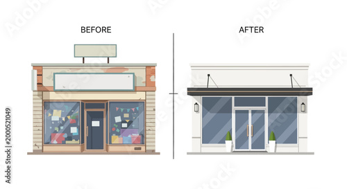 Before and After Comparison of a Storefront Renovation: Transformation from an Old Cluttered Shop to a Modern Minimalist Boutique Illustration
