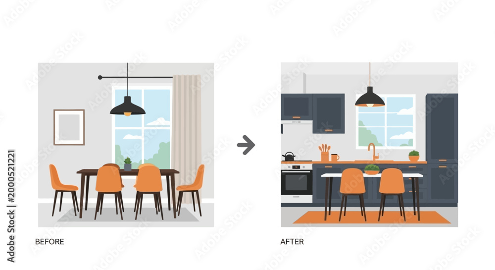 Fototapeta premium Home Renovation Before and After Comparison Vector. Modern Kitchen Remodeling and Dining Room Interior Design Makeover with Furniture and Decor.