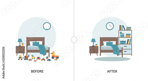Kids Bedroom Before and After Cleaning and Organization Illustration