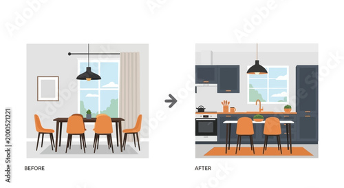 Home Renovation Before and After Comparison Vector. Modern Kitchen Remodeling and Dining Room Interior Design Makeover with Furniture and Decor.