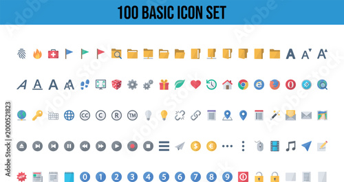 Universal flat icon set featuring multimedia players office tools and website navigation.
