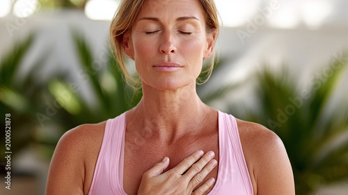 Adult woman practicing deep breathing with hands on chest indoors  