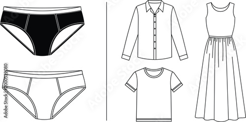 Minimalist vector line icon set featuring women underwear men briefs formal shirt casual tshirt and summer dress,