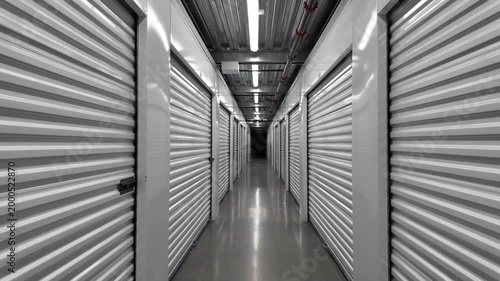 4K stabilized walking footage inside modern self storage facility corridor with metal roll up doors. Clean indoor hallway with repeating units, perspective lines, storage business concept