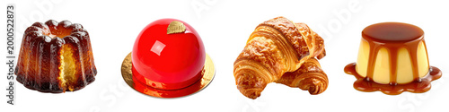 Selection of French desserts including cannele red glazed mousse cake buttery croissant and caramel custard